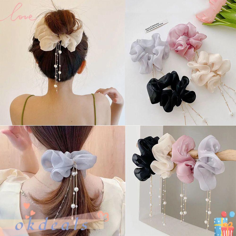 Dây Buộc Tóc Đuôi Ngựa In Họa Tiết Lưới Có Tua Rua Cho Nữ