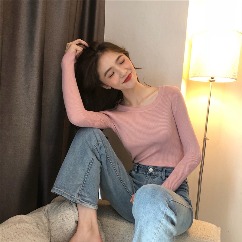 Áo Len Cổ Tròn Dài Tay Dệt Kim Màu Trơn Basic Dáng Ôm