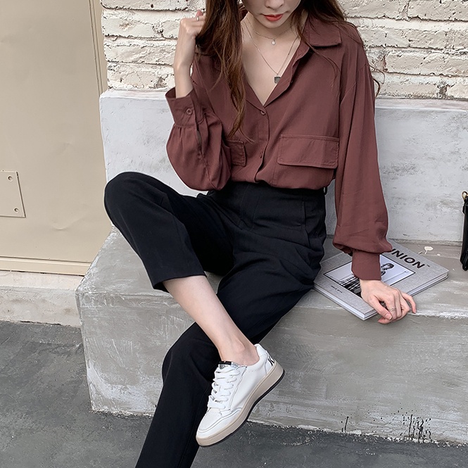 Áo sơ mi SUXI tay dài phồng dáng rộng màu sắc đơn giản thời trang cho nữ