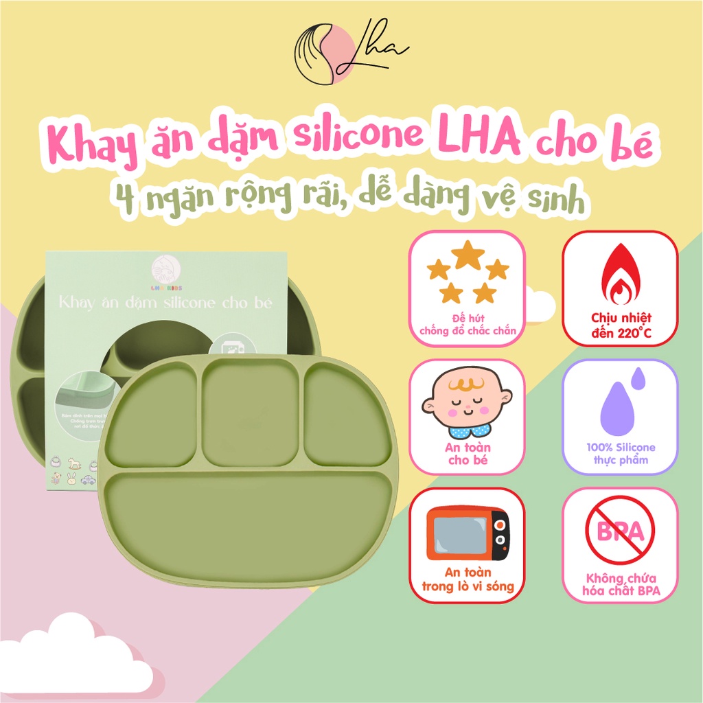 Khay ăn dặm LHA 100% silicone đủ màu, đế bám dính tốt chống đổ vỡ, an toàn cho trẻ