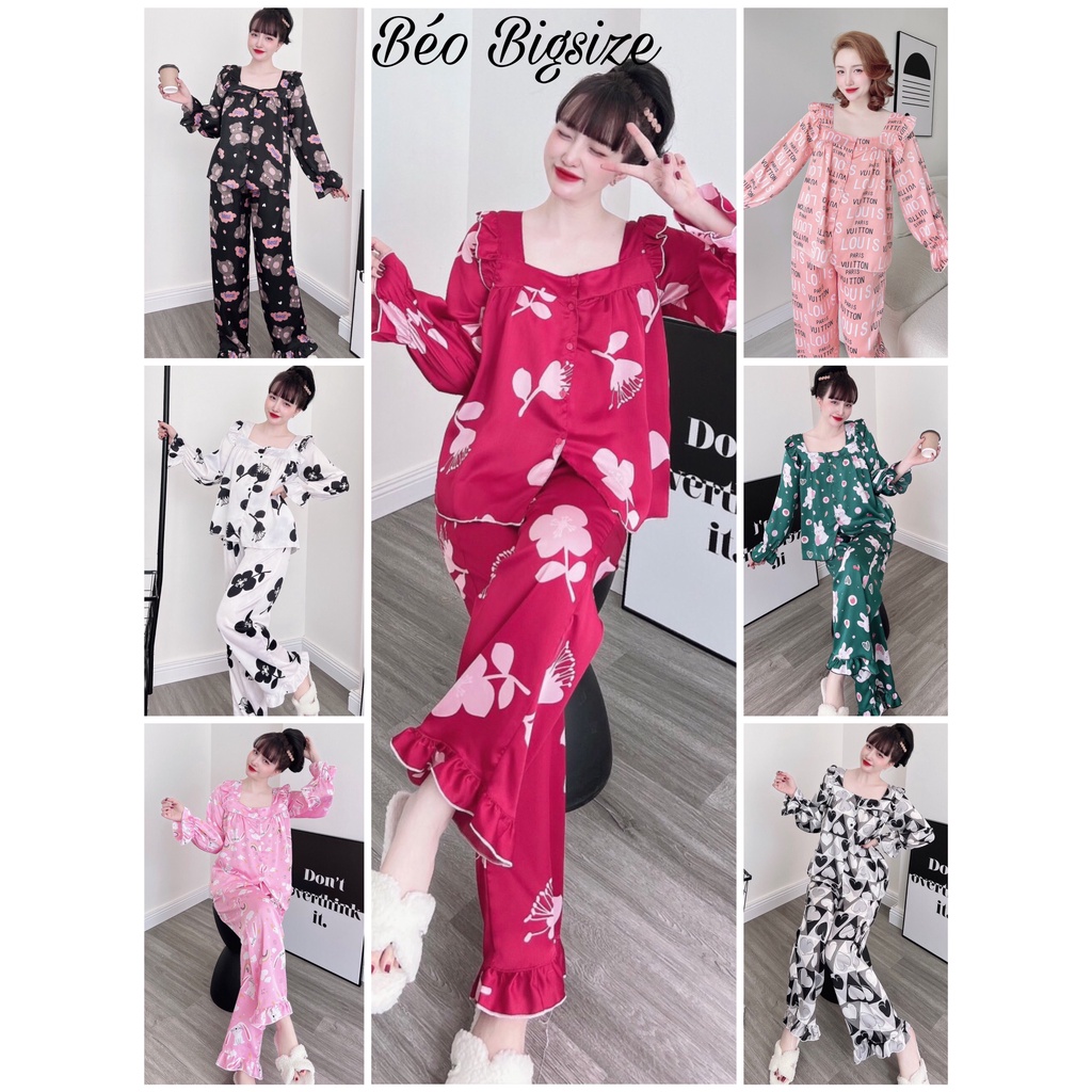 Đồ Bộ Pyjama Bigsize -Béo Bigsize Ngủ tay dai ren 50-100kg Bigsize Cao Cấp Kiểu Dáng Đẹp Vải Satin Lạnh Mặc Cực Thích