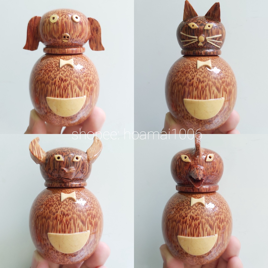 Hủ đựng tăm xỉa răng gỗ dừa tự nhiên hình thú con mèo, con gà, con trâu, con heo, lợn