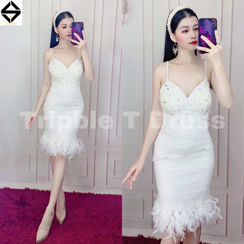 Đầm body 2 dây phối lông tua rua và kết cườm ren lỗ TRIPBLE T DRESS - size S/M/L -MS231Y