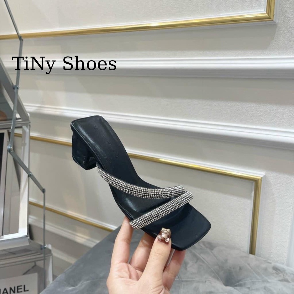 Guốc nữ cao gót mũi vuông quai dây đính xoàn gót vuông 3 phân thời trang có Bigsize G017