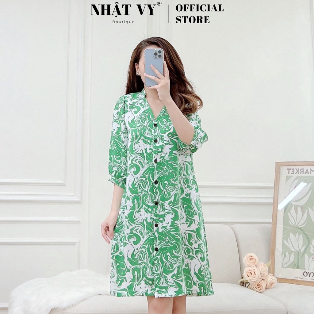 Đầm sơ mi công sở Nhật Vy tay lửng hoạ tiết dáng suông chất mango phù hợp đi chơi sang chảnh - D2480