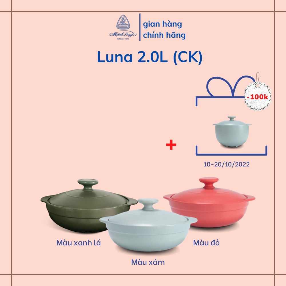 Nồi Sứ Dưỡng Sinh Minh Long Healthy Cook Luna 2.0 L - Dùng Cho Bếp Gas, Bếp Hồng Ngoại