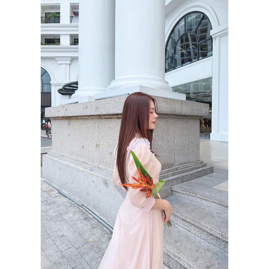 Áo dài cách tân Hạ vũ chất liệu oganza màu xanh bạc hà thiết kế mẫu mới nhất năm 2022 MS 03