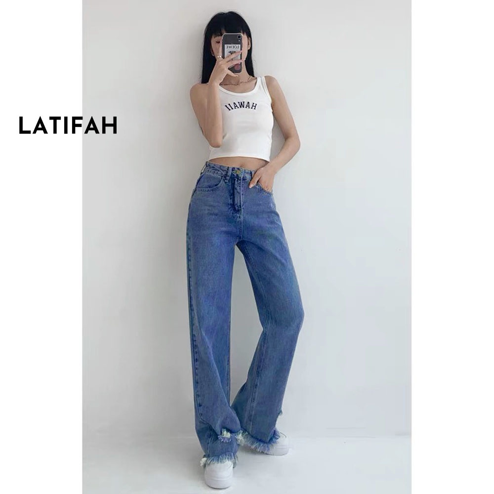 Quần baggy jeans nữ LATIFAH ống rộng dài 98cm tua lai mài rách màu xanh QD253