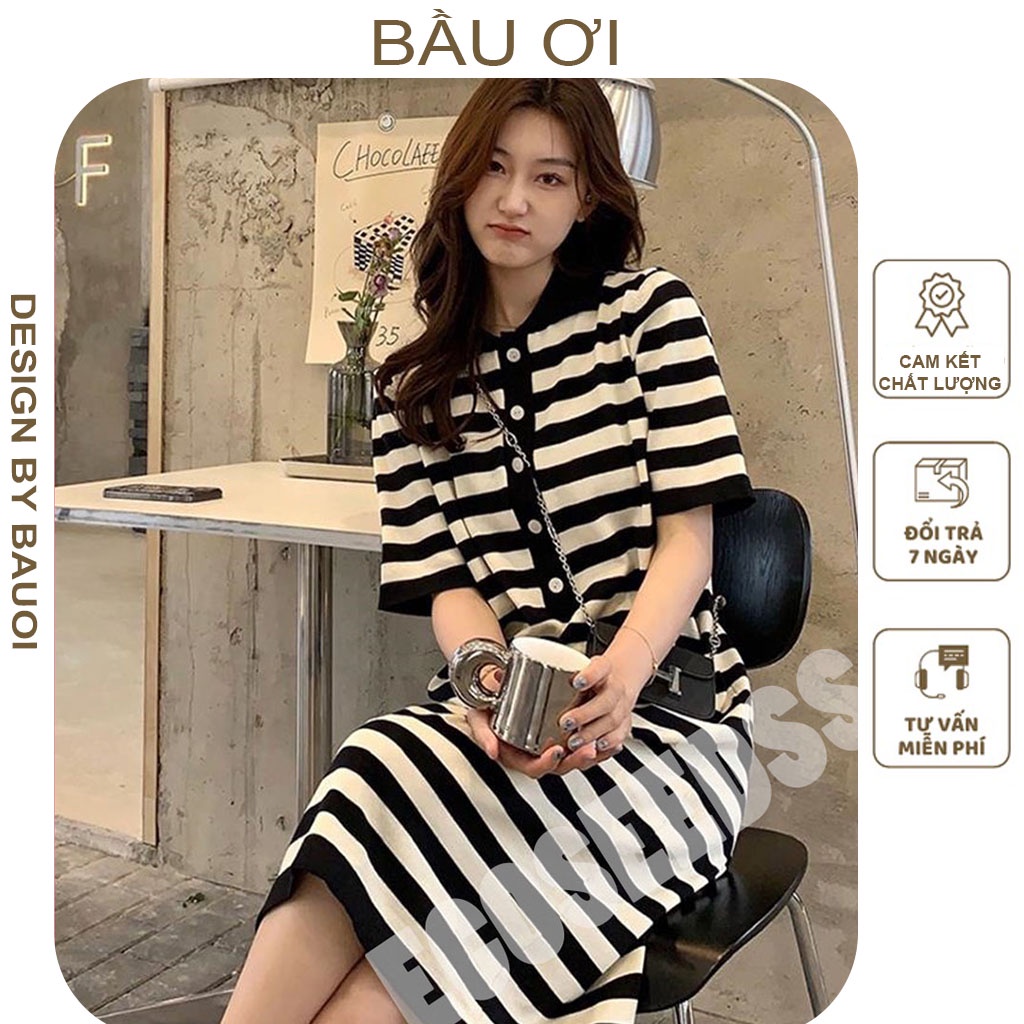 [BÂUOII V74] ĐẦM BẦU SUÔNG DÁNG DÀI CỔ SƠ MI CHẤT ĐẸP, VÁY BẦU KẺ SỌC THỜI TRANG HÀN QUỐC