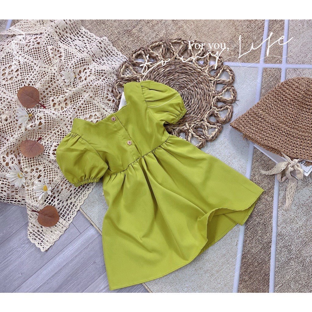 Váy bé gái màu xanh cốm tay bồng cúc sau kiểu dáng vintage cho bé gái 10-20kg HNK037