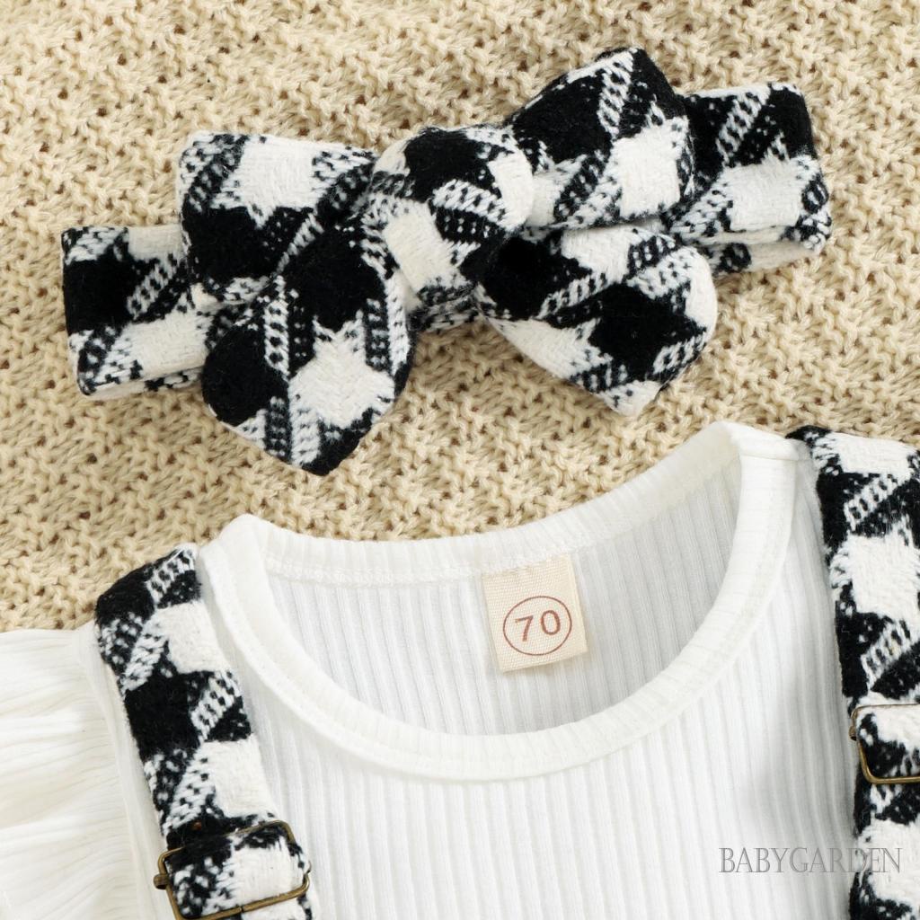 Bộ Áo Liền Quần Tay Dài Có Gân Trơn + Váy Yếm + Băng Đô Cài Tóc Họa Tiết Kẻ Sọc Thời Trang Mùa Xuân Cho Bé Gái 6 Tháng Tuổi