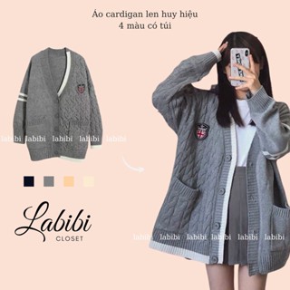 Áo Khoác Cardigan Len Xám Huy Hiệu Chất Len Dày Đẹp, Labibi