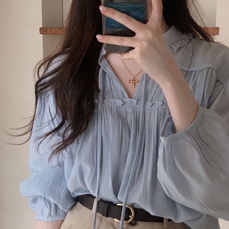 (ORDER) Áo sơ mi nữ cỏ có dây thắt nơ màu xanh pastel nhẹ nhàng voan mỏng style Hàn Quốc
