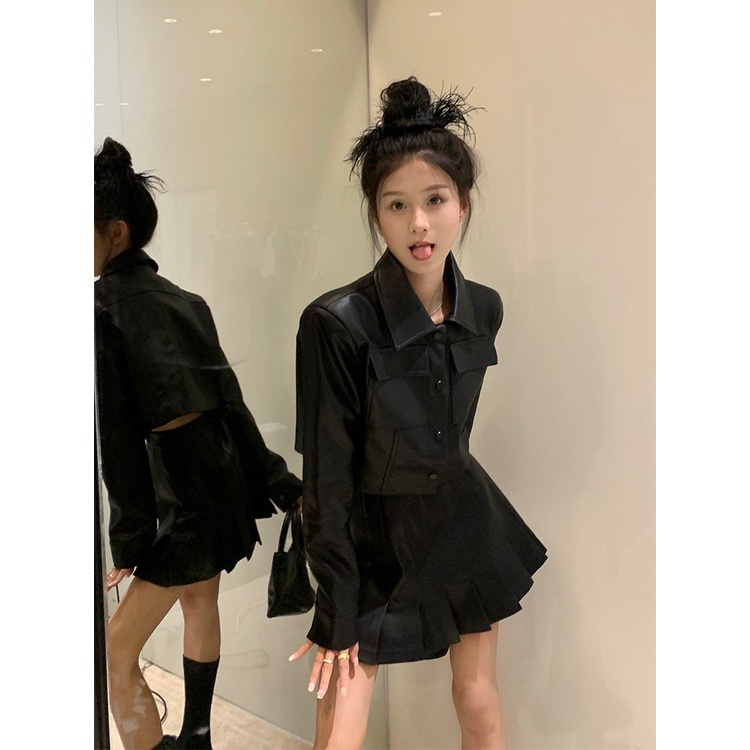 【JMWOMEN】Set Áo Khoác Da Tay Dài + Chân Váy Ngắn Phong Cách Hàn Quốc Cho Nữ