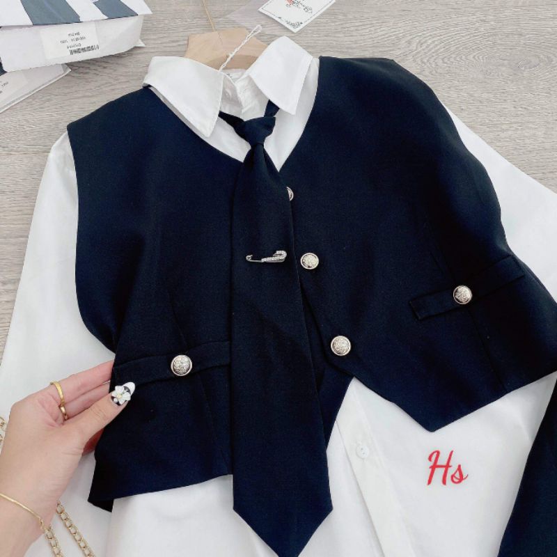 set 3 món áo sơ mi trắng chi lê kèm cà vạt và chân váy đen