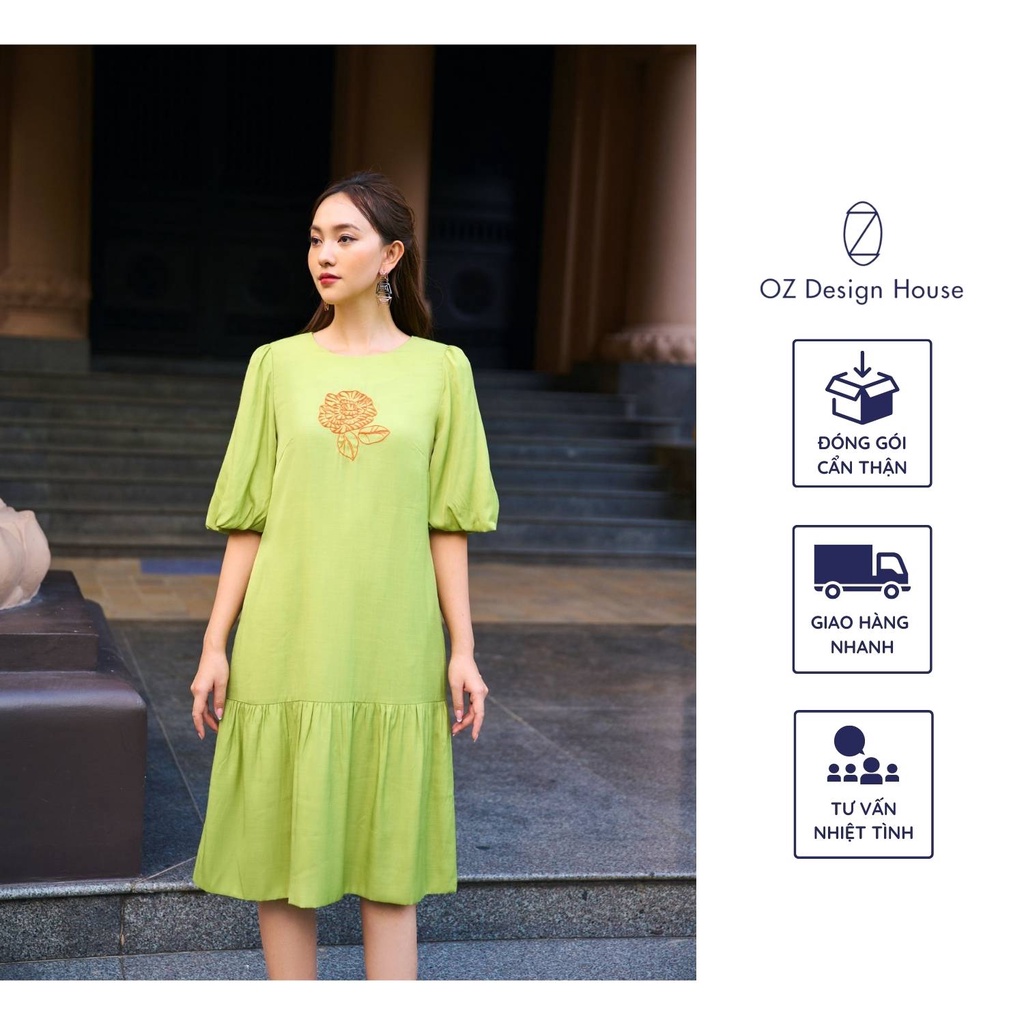 Đầm dáng suông tay bồng OZ Design House DA14216AUT22 thô lụa cổ tròn thêu hoa màu xanh cốm công sở thanh lịch