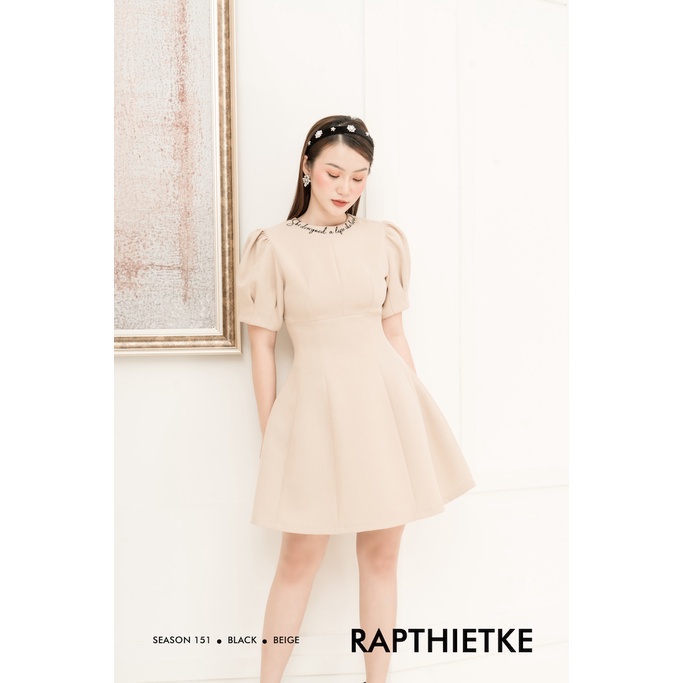 RẬP  - Đầm Nâu Tay Nhún Cổ Tròn Thêu Thân Xòe - BEIGE 01