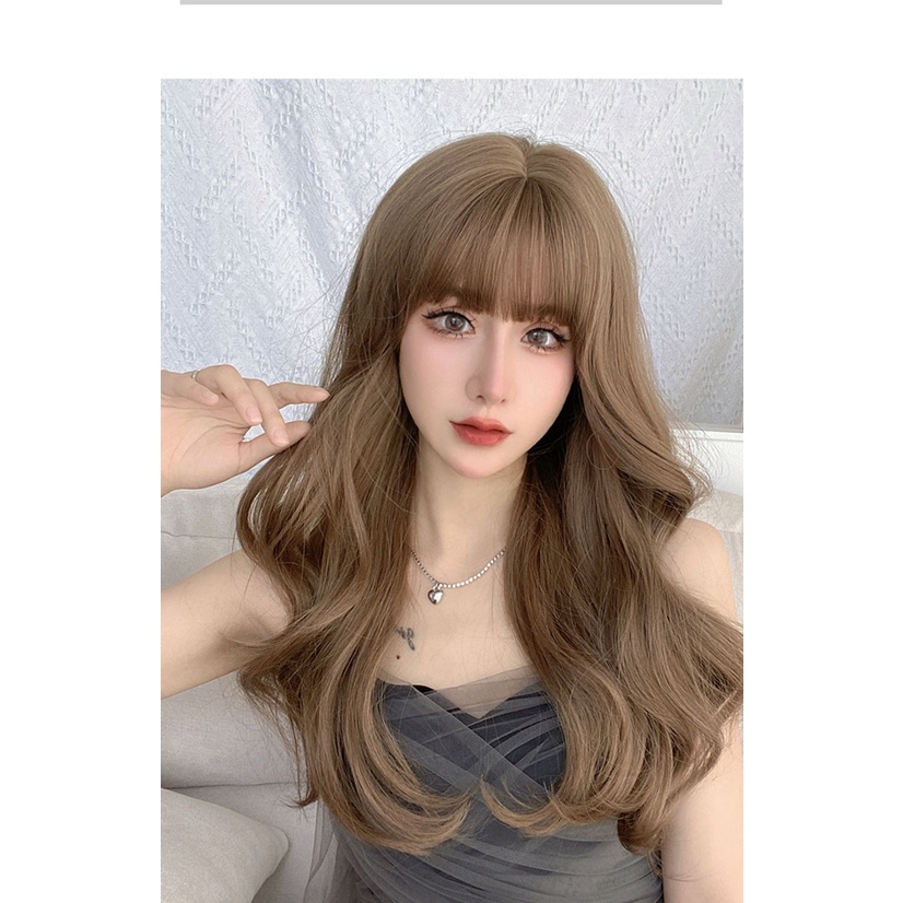 Tóc giả nguyên đầu xoăn sóng dài nâu trà sữa phong cách Hàn Quốc
