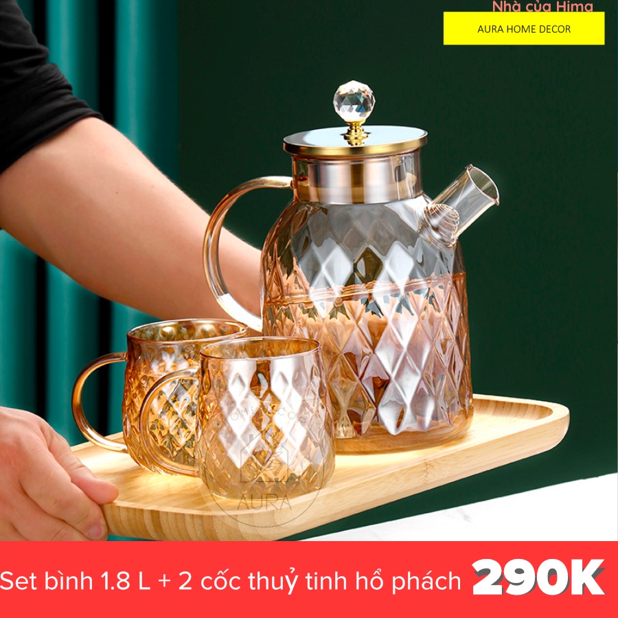 Bình, ấm cốc thủy tinh Hổ Phách kiểu dáng hiện đại - Dung tích 1L và 1.8L