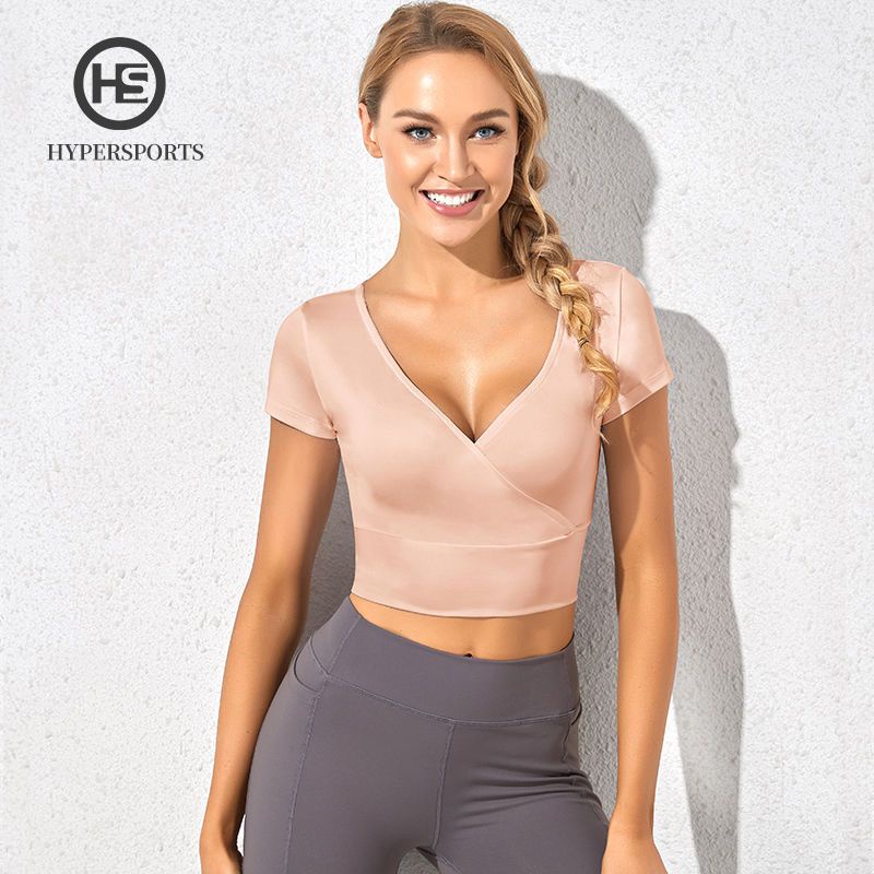 Áo Thun Lửng Tay Ngắn Cổ V Khoét Sâu Hở Lưng Tập Yoga Dành Cho Nữ