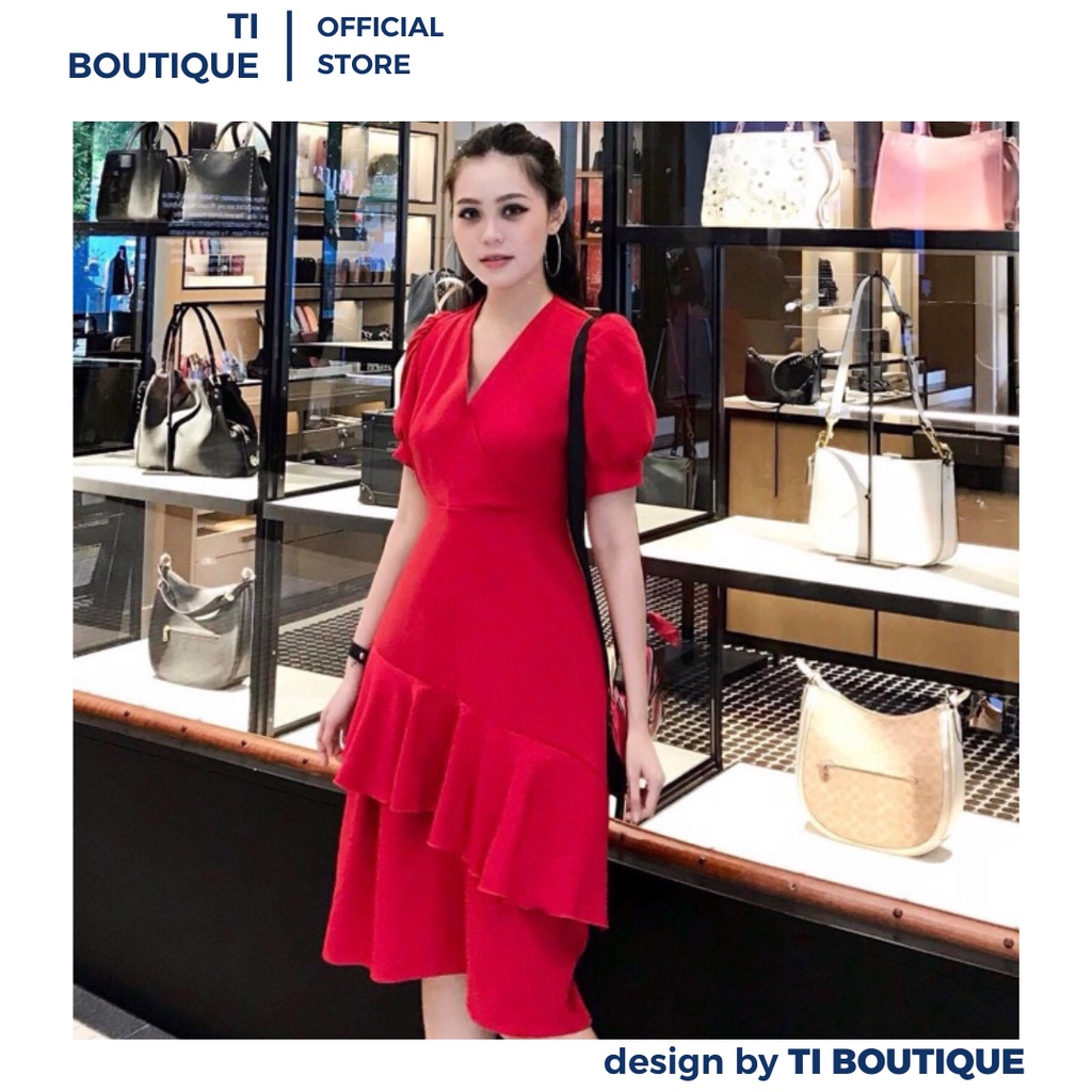 Đầm Nữ Cổ V Chéo Tà Tay Phồng Sang Chảnh, Đầm Đi Tiệc Dáng Ôm Đuôi Váy Xoắn Bèo Cuốn Hút Màu Đỏ Quý Phái