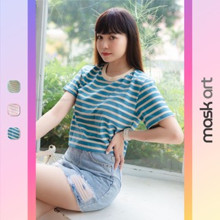 Áo thun croptop tay ngắn họa tiết kẻ sọc Mask Art