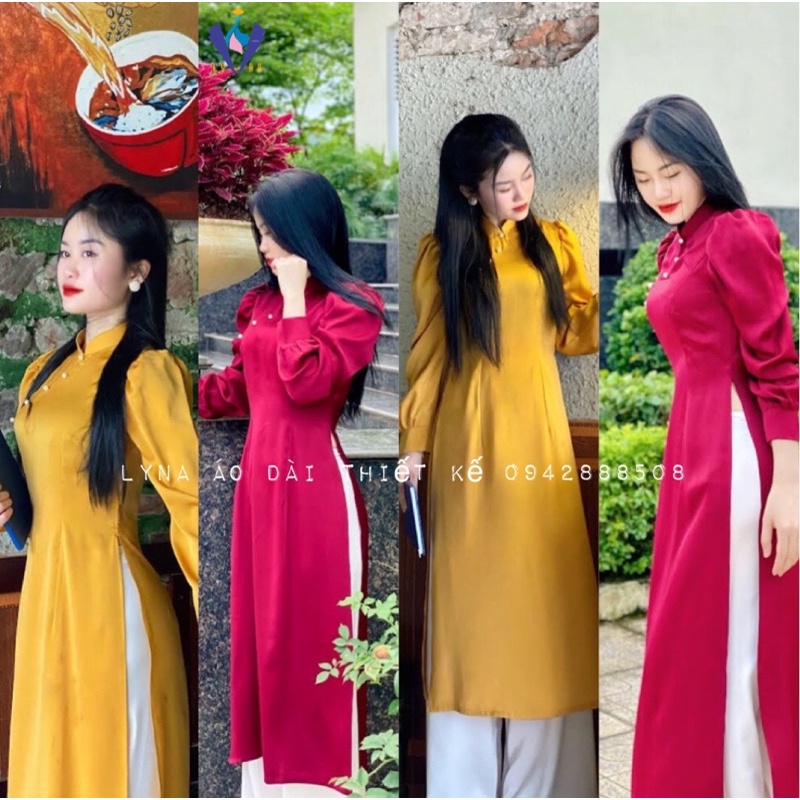 Áo dài cách tân nữ, tay dài bồng nhẹ nhàng đính ngọc, vải lụa cao cấp mặc đẹp và sang