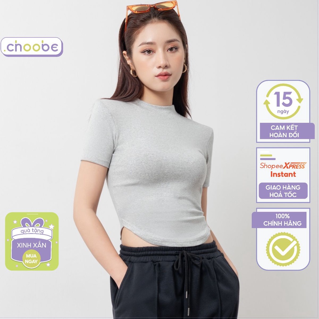 Áo phông nữ Choobe cổ cao dáng lửng kiểu độn vai đuôi tôm ôm body cộc tay trơn phong cách thể thao A58