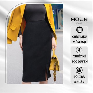 Chân váy công sở dài qua gối, chân váy bút chì đen dáng ôm xẻ tà kiểu hàn quốc MCV332 Moon