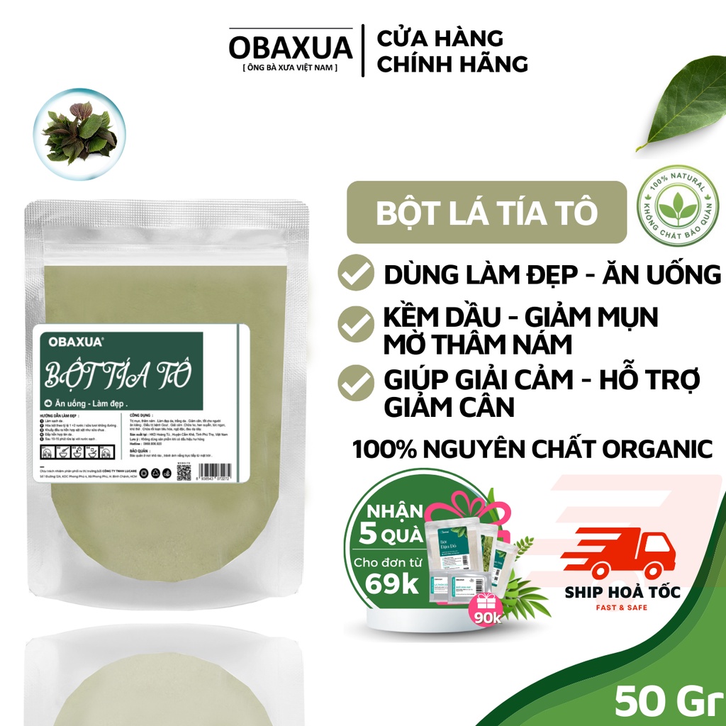 Bột lá tía tô OBAXUA nguyên chất 100% Organic - Kềm dầu, Giảm mụn, mờ thâm nám, sáng da