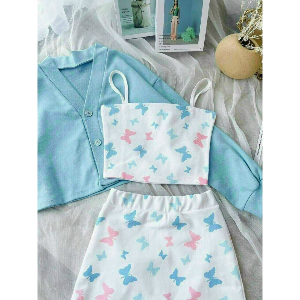 (Sale FreeShip) Sét váy nữ 3 món,áo 2 dây croptop mix chân váy ôm kèm khoát,họa tiết cực xinh lên from chuẩn