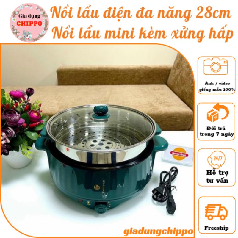 Nồi lẩu điện đa năng 28cm, nồi lẩu điện mini kèm xửng hấp công suất 1000W