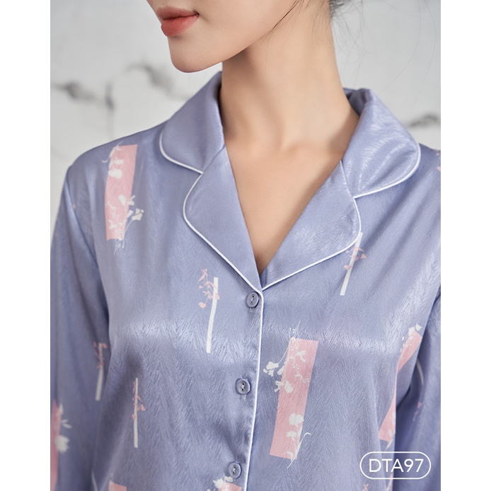 Bộ ngủ satin ZAM Luxury - DTA97 - áo dài tay quần dài hoạ tiết