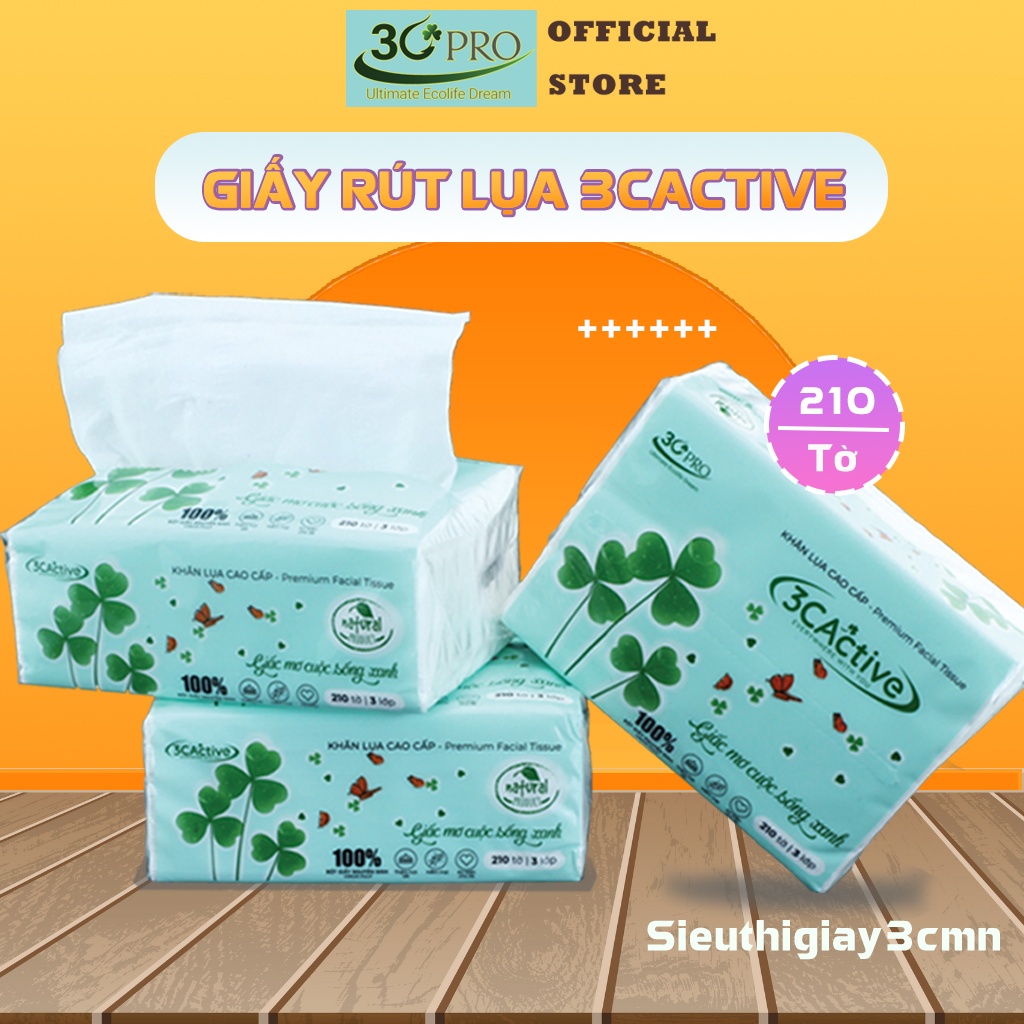 Giấy ăn 3C Active 210 tờ, khăn giấy rút lụa siêu mềm mịn và dai, không tẩy trắng, không tạo mùi