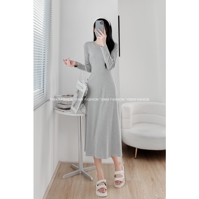 Váy maxi thun xoè EMIX, đầm chữ A dài tay, dáng dài, cổ tròn, freesize dưới 58kg 188