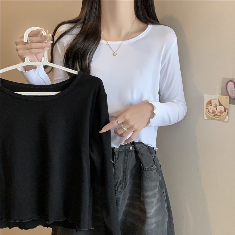 NRVP Áo Thun Nữ Dài Tay Dáng Rộng Màu Trơn Phong Cách Hàn Quốc Mới