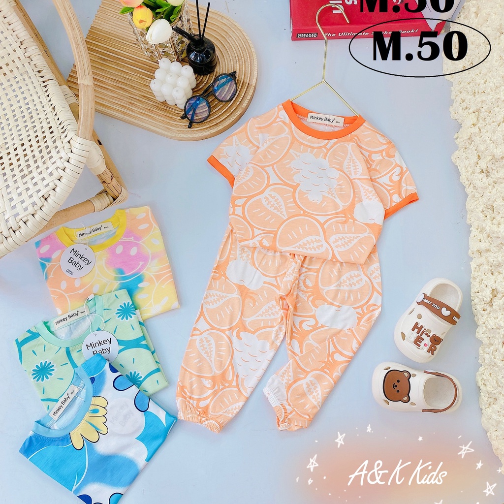 Bộ alibaba in trái cây, thun lạnh minky mom mịn mát cho bé gái size 8-30kg M50