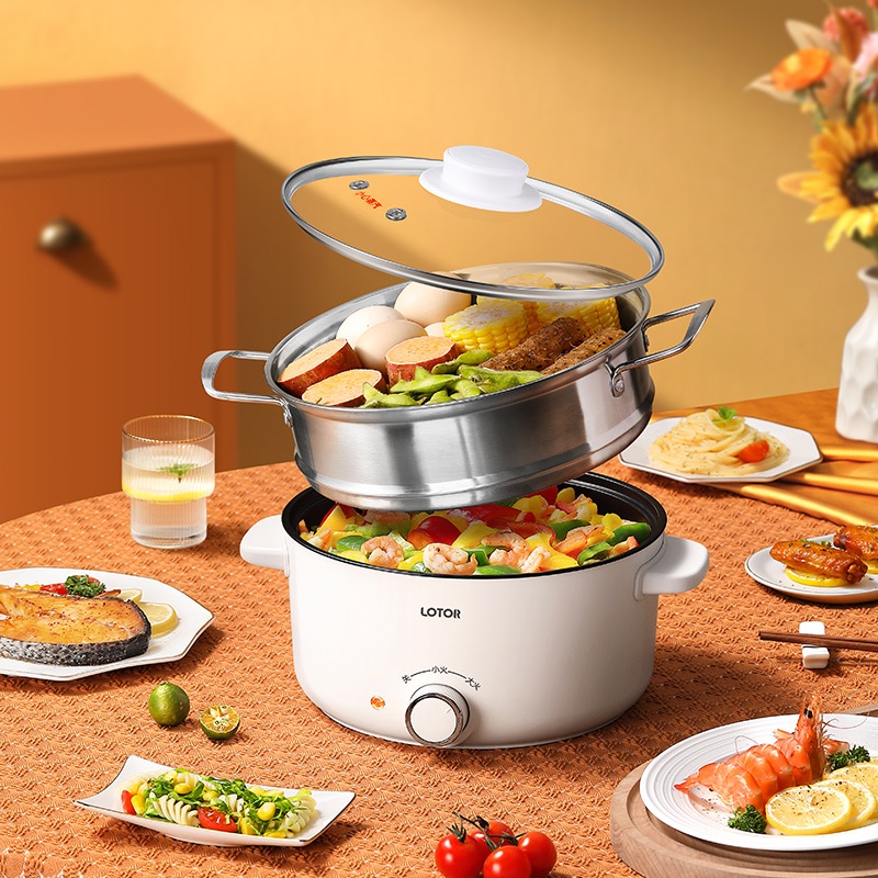 Nồi Lẩu Mini Lotor Cắm Điện Đa Năng Rán, Chiên, Xào Có Lớp Chống Dính Cao Cấp Kèm Xửng Hấp Siêu Tiện Lợi