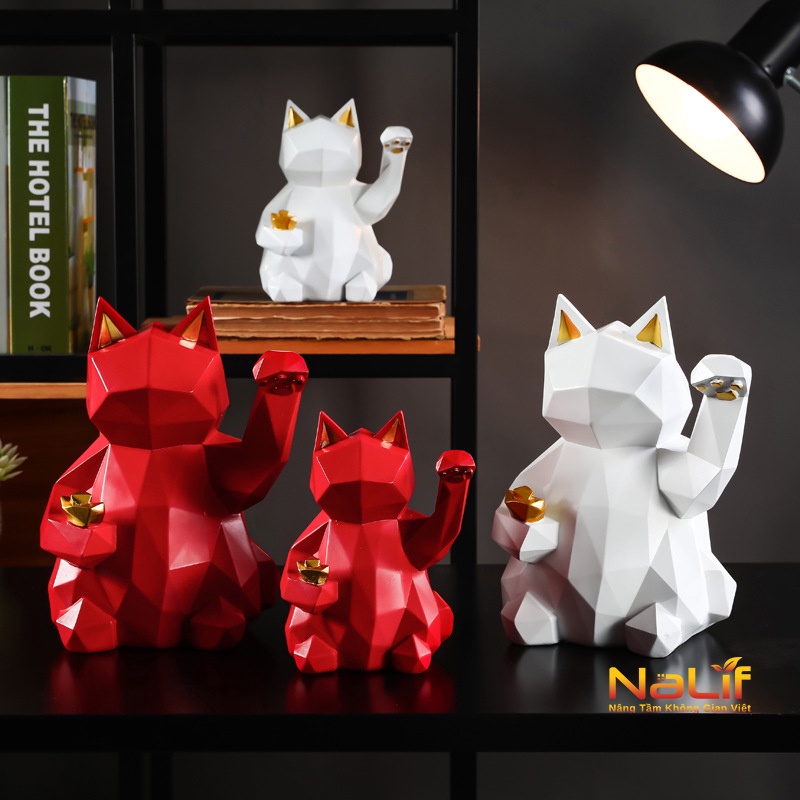 Mèo Thần Tài Lucky Hình Học Hiện Đại - mang lại may mắn, sang trọng không gian Decor bàn làm việc, tủ rượu, quà tân gia
