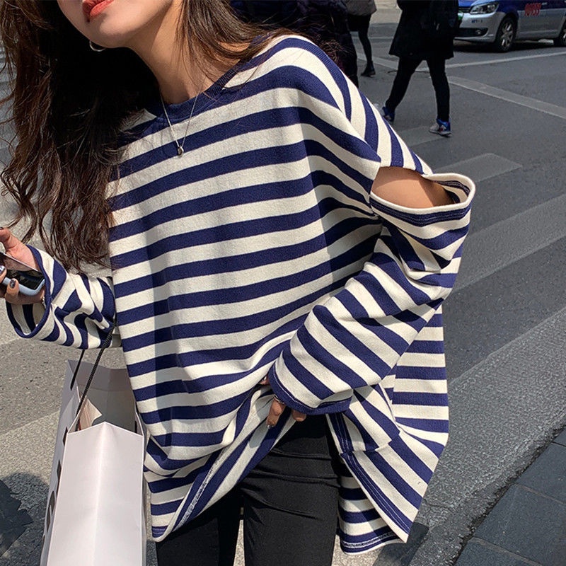 Jiashucheng Áo Thun Nữ Dài Tay Hở Vai Họa Tiết Sọc Ngang Phong Cách Mới