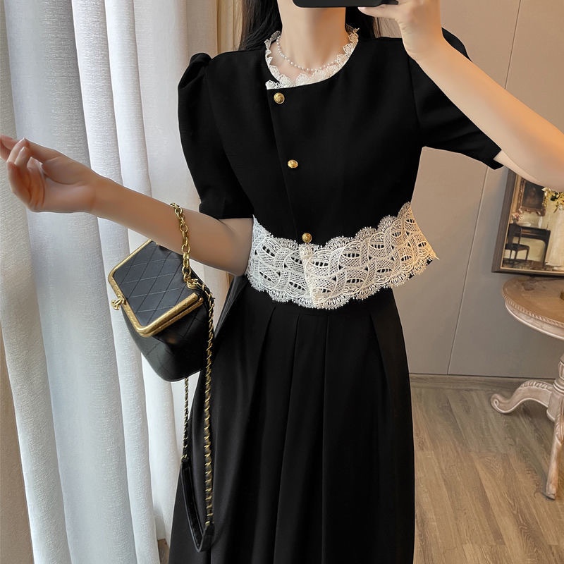 Set chân váy dài qua gối đen suông dáng dài bo chun mix áo croptop tay ngắn cổ tròn có ren