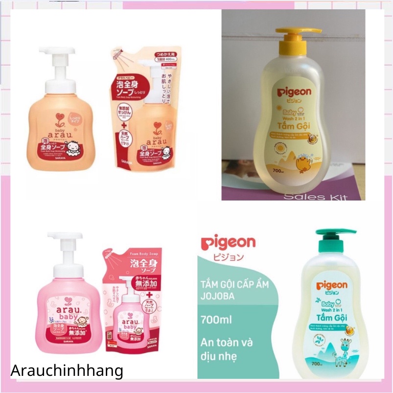Sữa tắm gội trẻ em arau baby pigeon dịu nhẹ, sữa tắm dầu gội đầu cho em bé sơ sinh trai gái dưỡng ẩm vàng cam 700ml