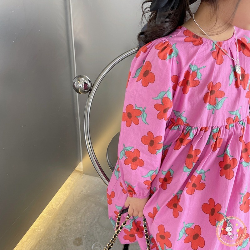 Đầm Tay Dài Cổ Tròn In Hoa Cho Bé Gái