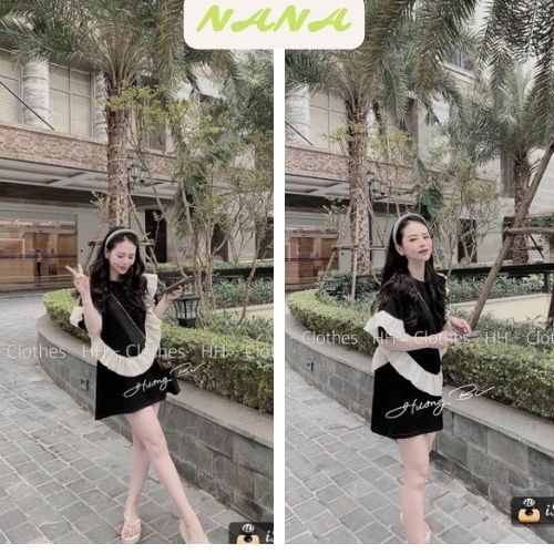 Váy suông đen phối bèo voan / Đầm bassic nữ thiết kế tay ngắn cổ tròn style Ulzzang dễ phối đồ Nanashop