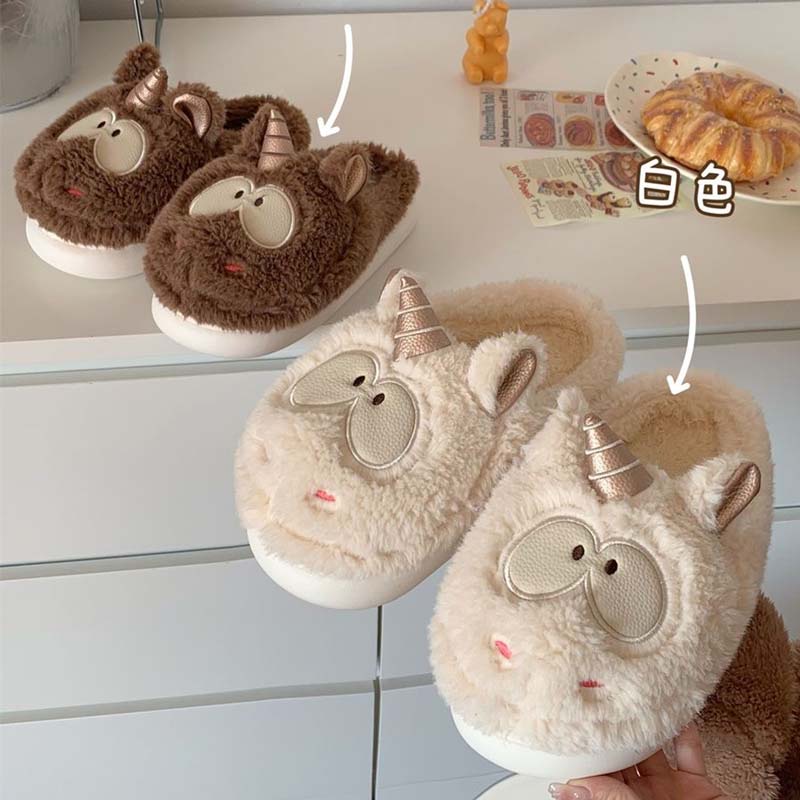 Dép Bông Đi Trong Nhà Hình Kỳ Lân Hoạt Hình Giữ Ấm Cho Nam Nữ