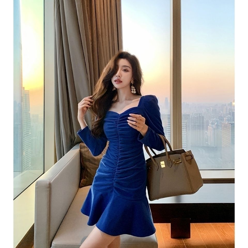 Đầm Nhung Đuôi Cá Cổ Vuông Phong Cách Retro Thời Trang Mùa Đông Mới 2022