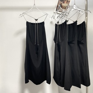 RUEB PRADA 2022 summer triangle label sexy off-shoulder off-back chain hanging neck slim sheath black dress women's short skirt