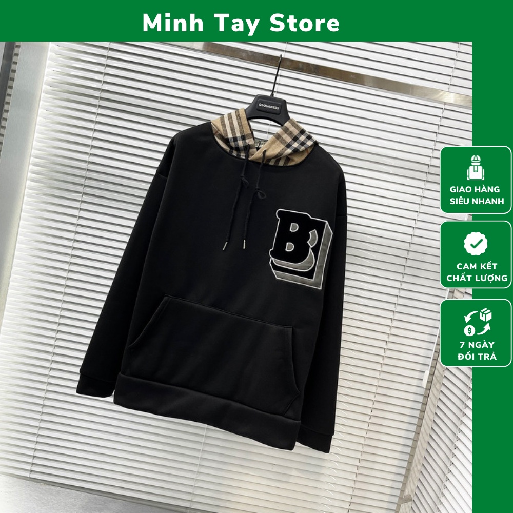 Áo Hoodie Nam BBR Phối Họa Tiết Hình Thêu Ngực Và Kẻ Caro Ở Mũ . Áo Hoodie Unisex Nam Nữ BBR Chất Nỉ Bông Cao Cấp