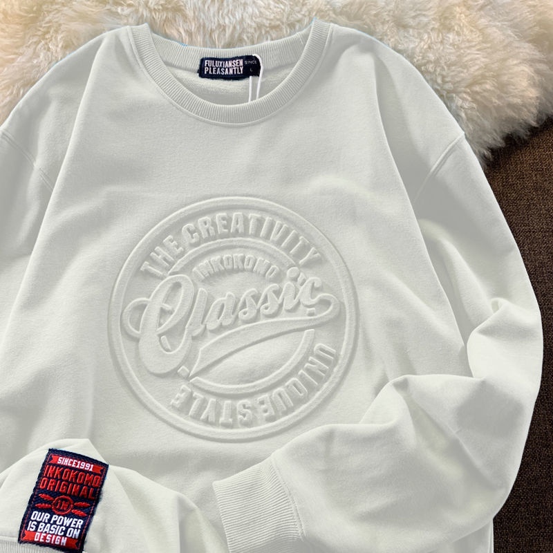 Áo Nỉ Tay Dài Cổ Tròn Họa Tiết Dập Nổi Phong Cách Mỹ Thời Trang Xuân Thu Mới 2022 Dành Cho Nam Nữ