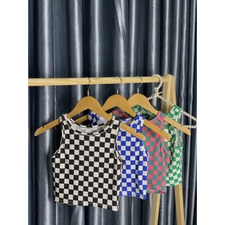 Áo kiểu nữ ba lỗ croptop basic chất thun gân caro cá tính